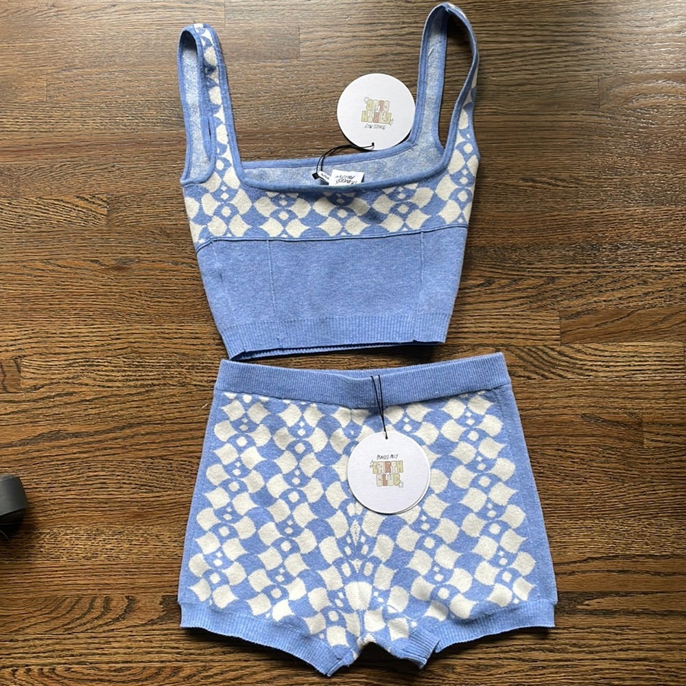 BRAND NEW matching knit set, blue and white, bottoms size S/M, top size XS/S